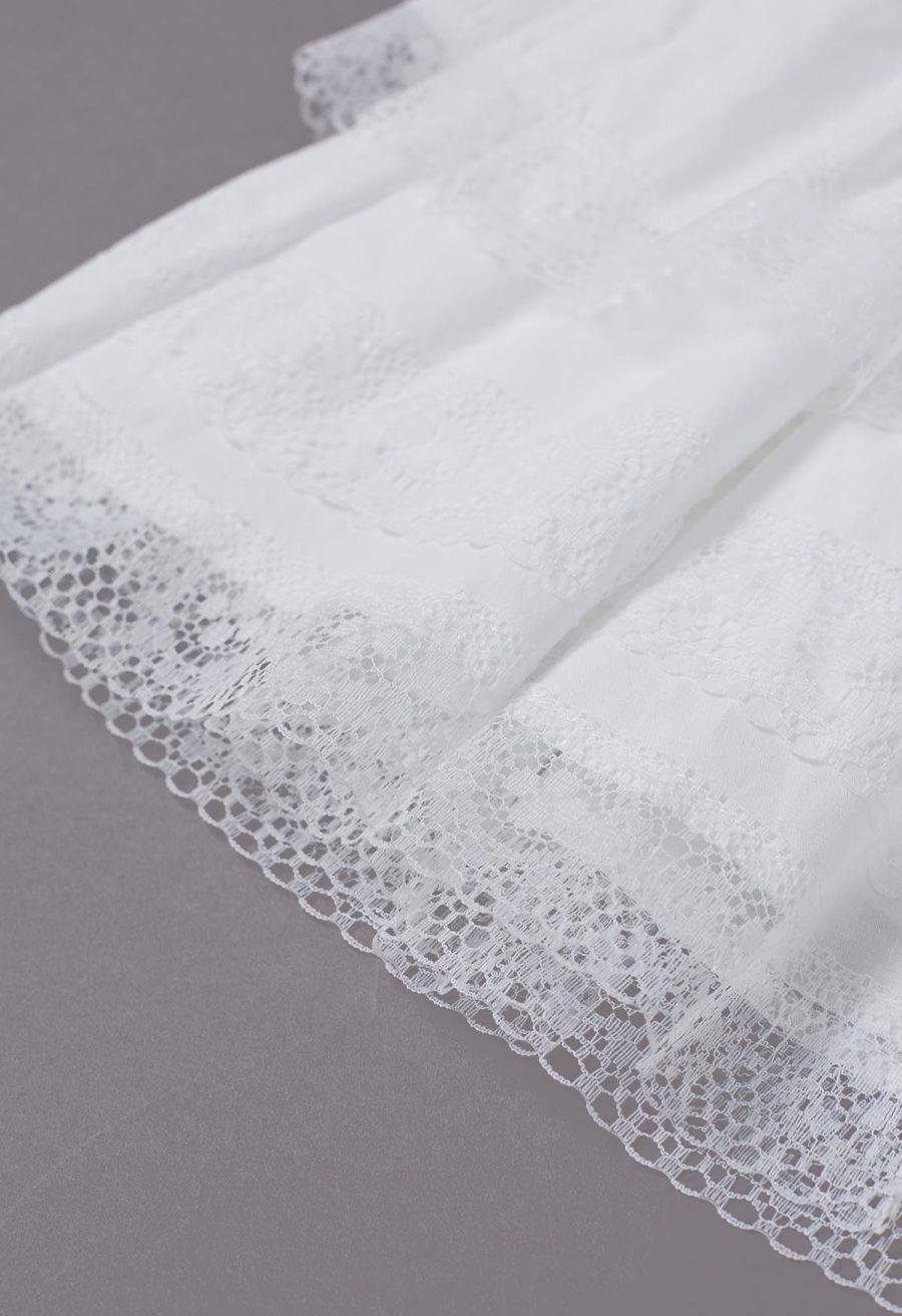 Lace Panel Pintuck Top and Tiered Mini Skirt Set in White