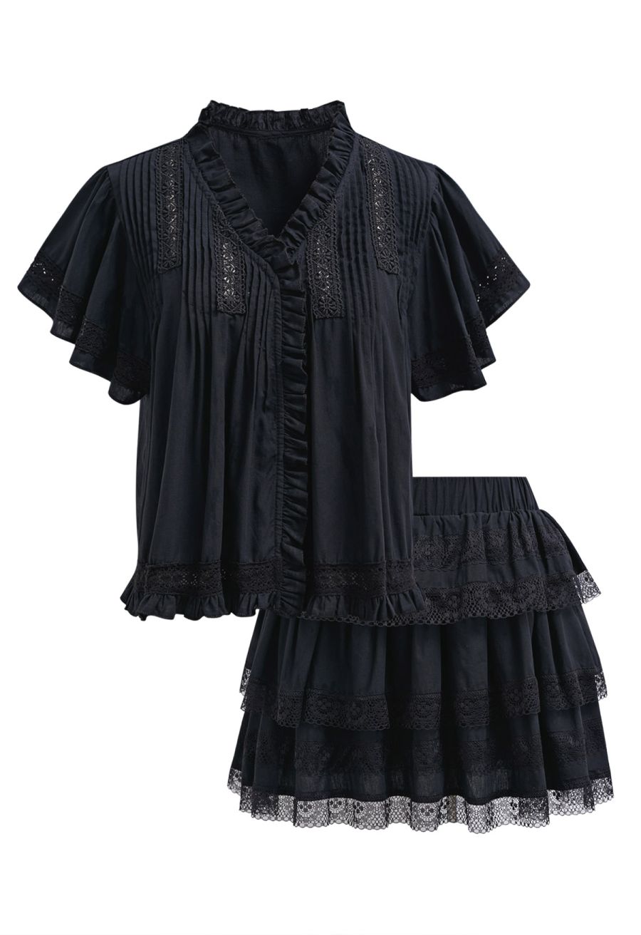 Lace Panel Pintuck Top and Tiered Mini Skirt Set in Black