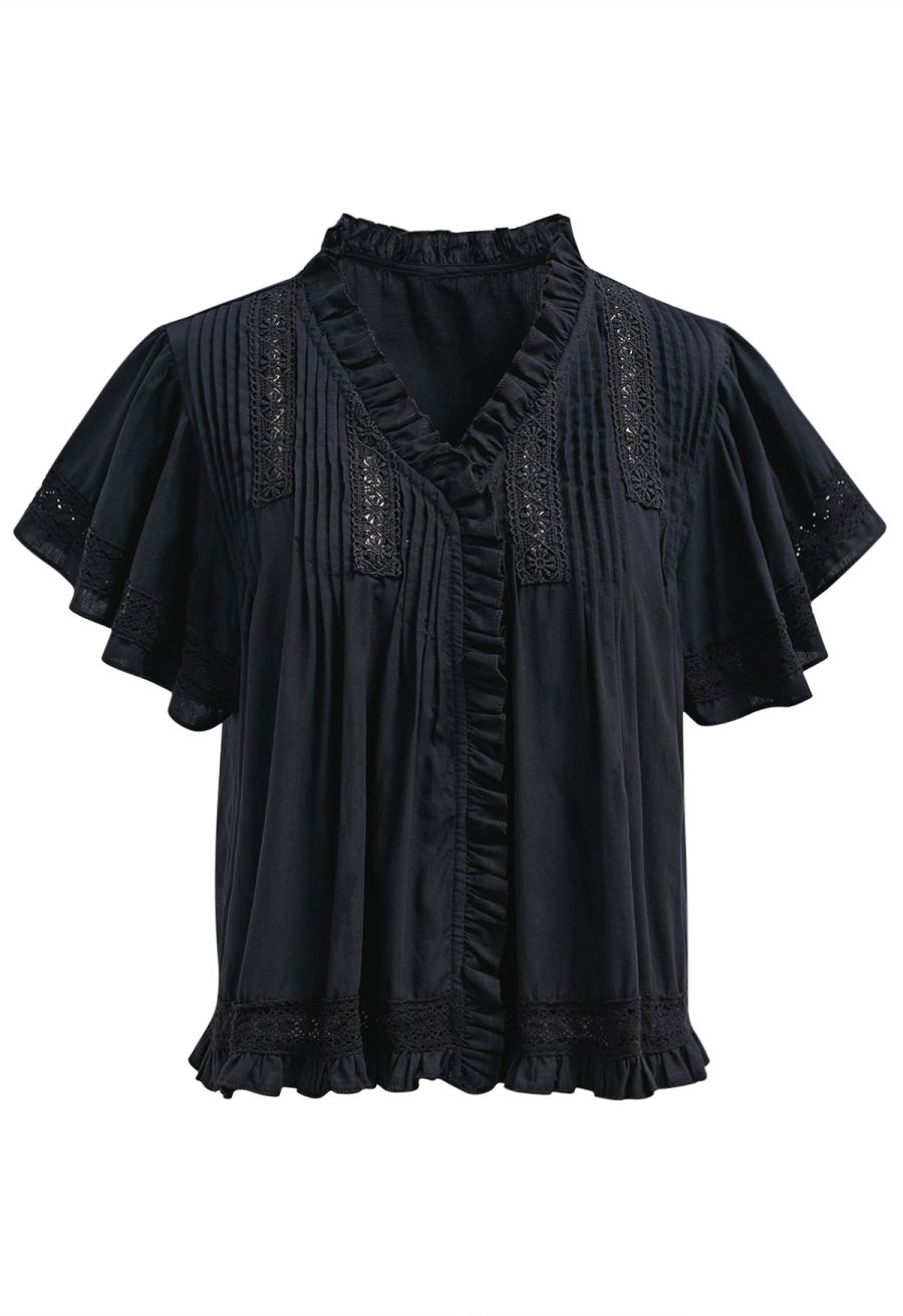 Lace Panel Pintuck Top and Tiered Mini Skirt Set in Black