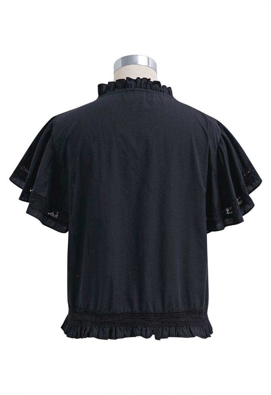 Lace Panel Pintuck Top and Tiered Mini Skirt Set in Black