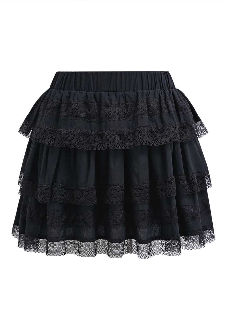 Lace Panel Pintuck Top and Tiered Mini Skirt Set in Black
