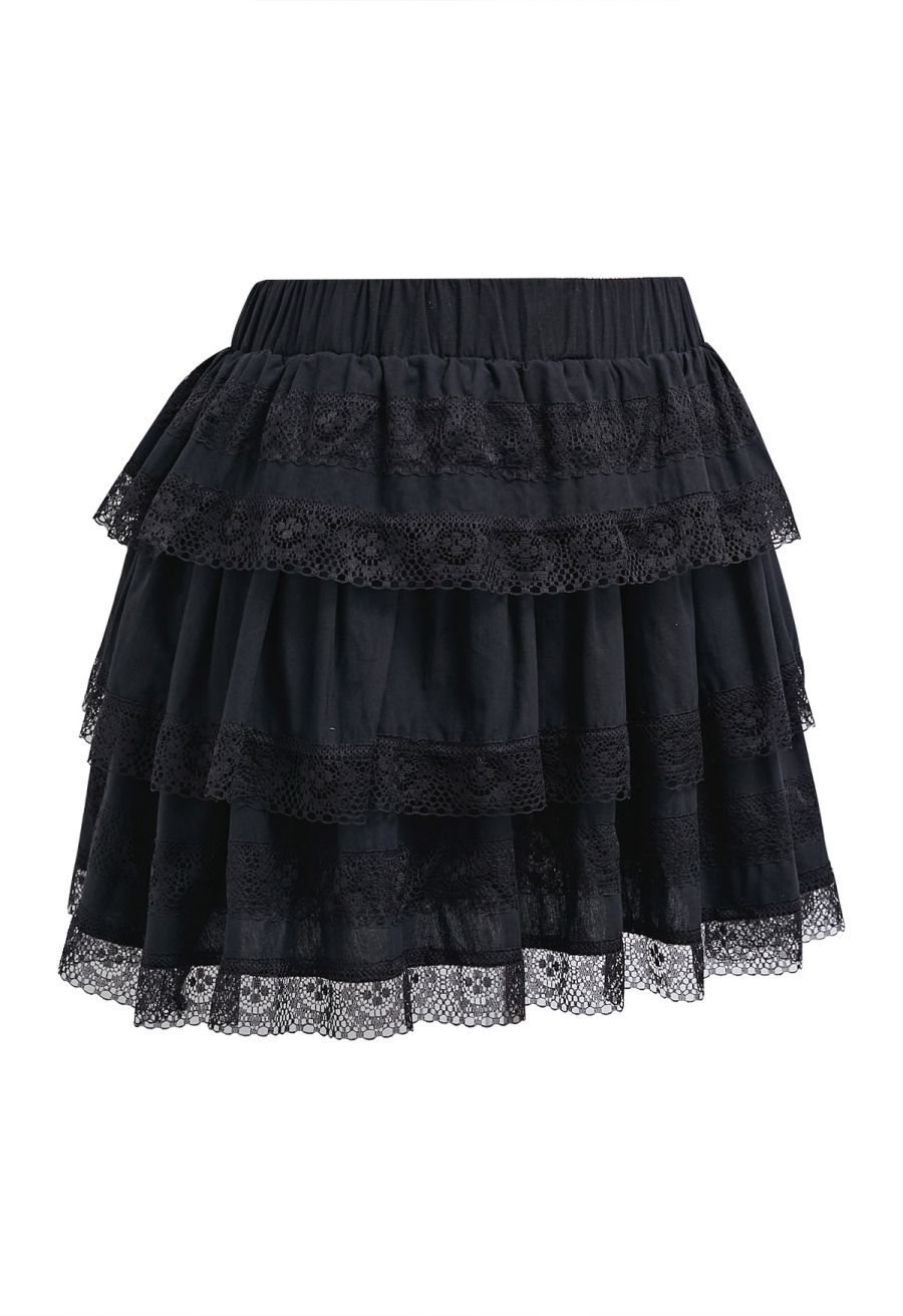 Lace Panel Pintuck Top and Tiered Mini Skirt Set in Black