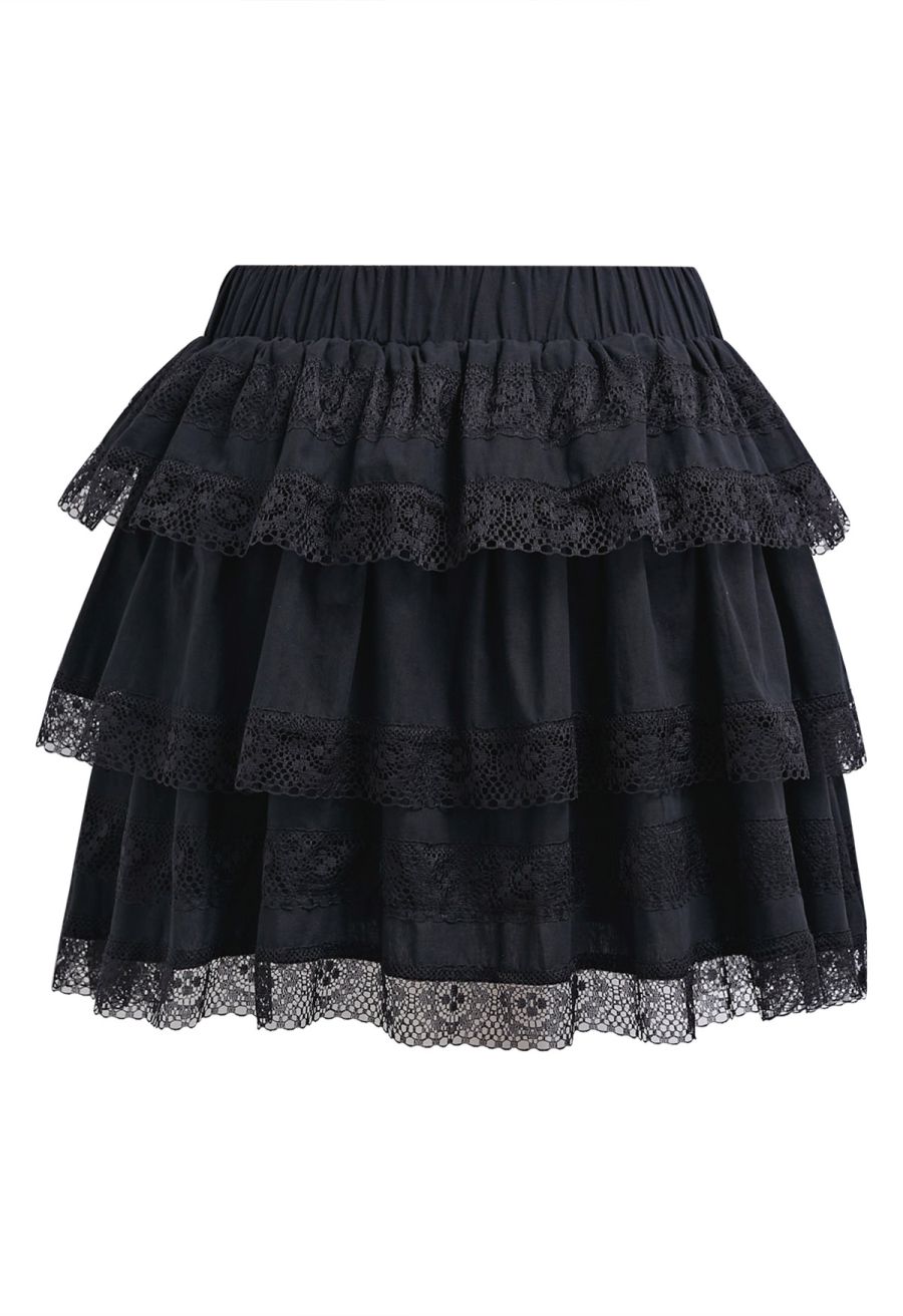 Lace Panel Pintuck Top and Tiered Mini Skirt Set in Black