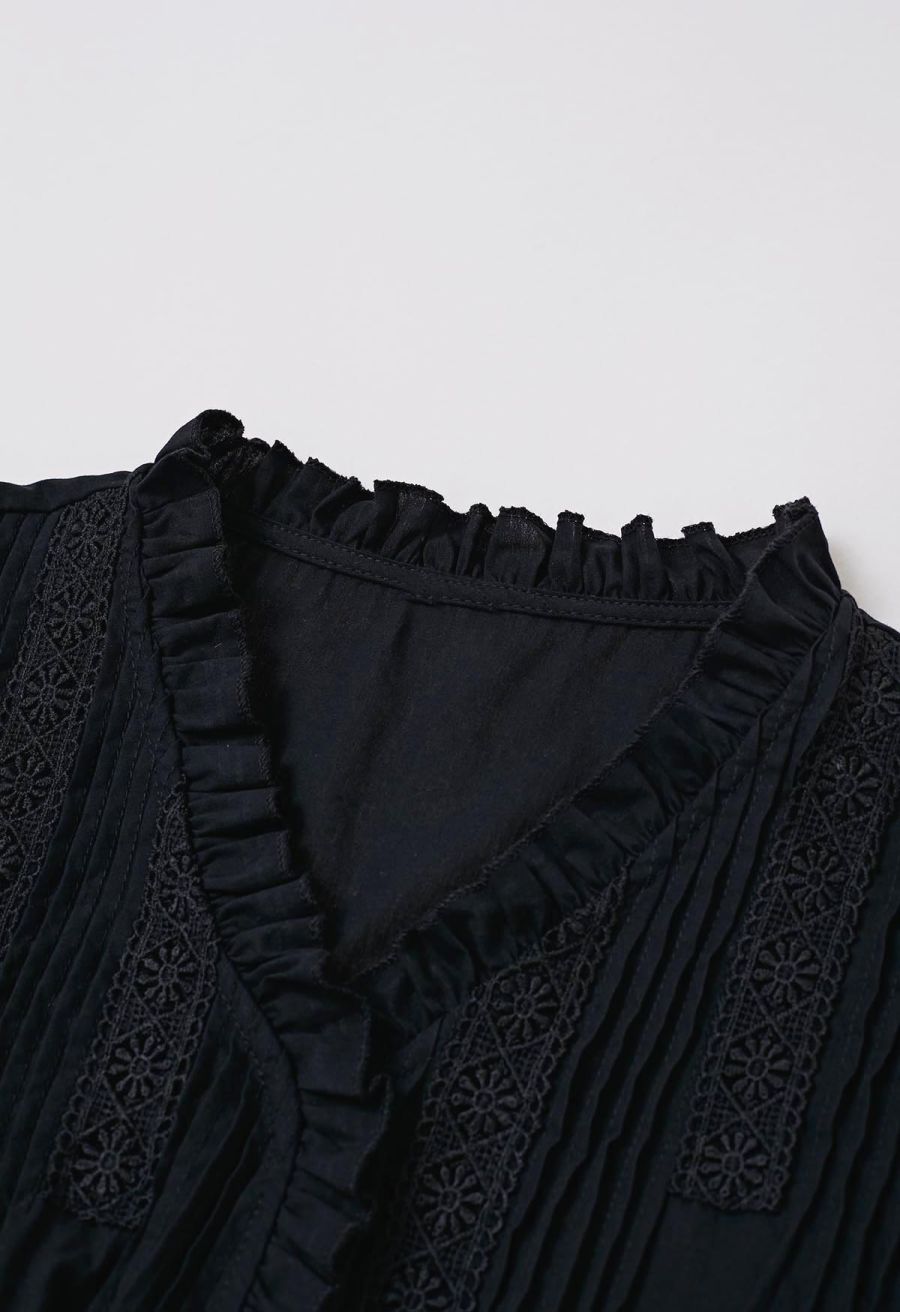 Lace Panel Pintuck Top and Tiered Mini Skirt Set in Black