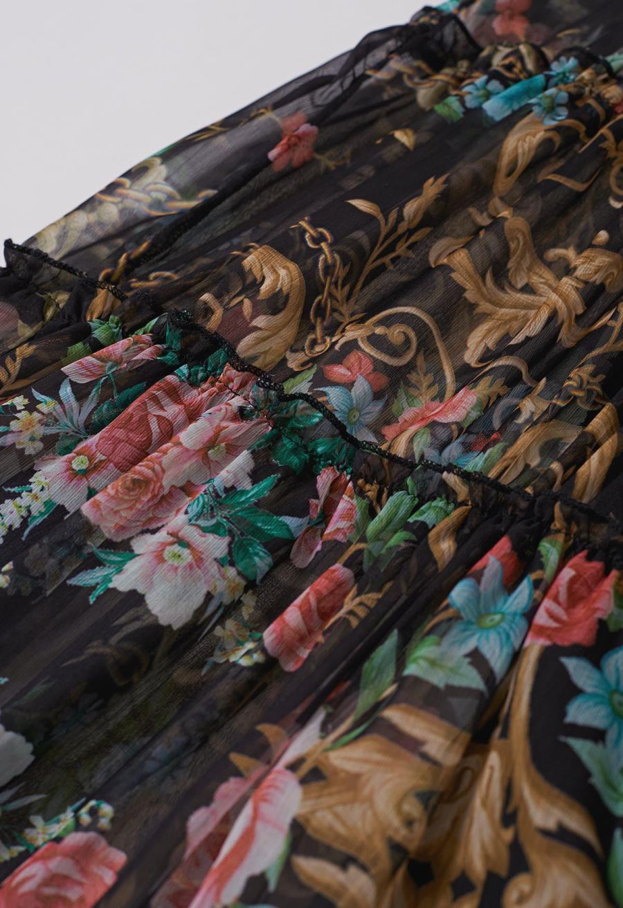 Peony Printed Ruffle Lantern Sleeve Maxi Dress in Black