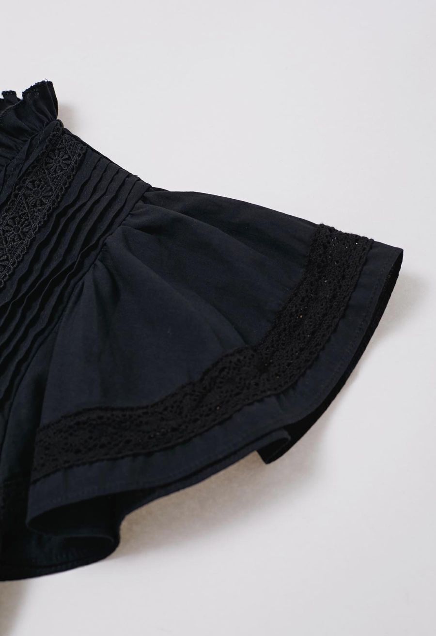 Lace Panel Pintuck Top and Tiered Mini Skirt Set in Black