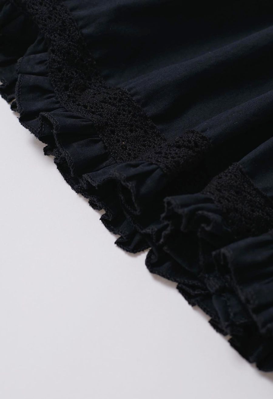 Lace Panel Pintuck Top and Tiered Mini Skirt Set in Black