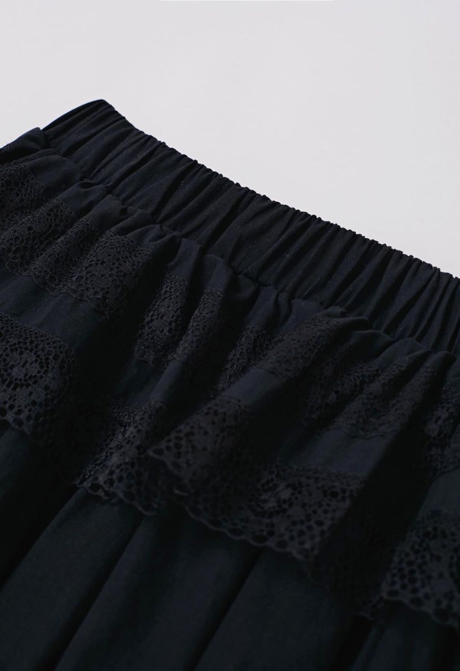 Lace Panel Pintuck Top and Tiered Mini Skirt Set in Black