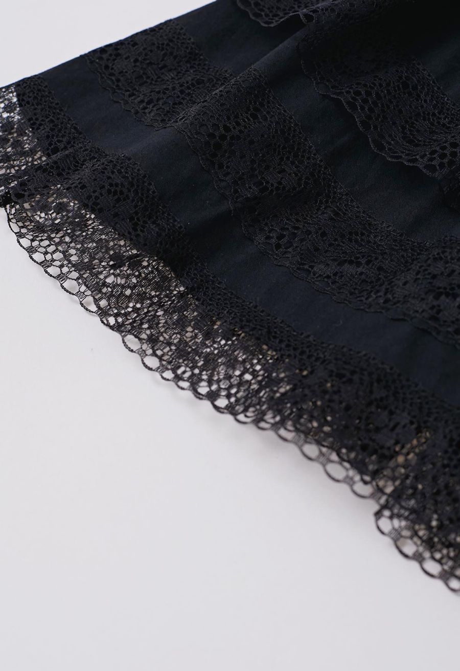 Lace Panel Pintuck Top and Tiered Mini Skirt Set in Black