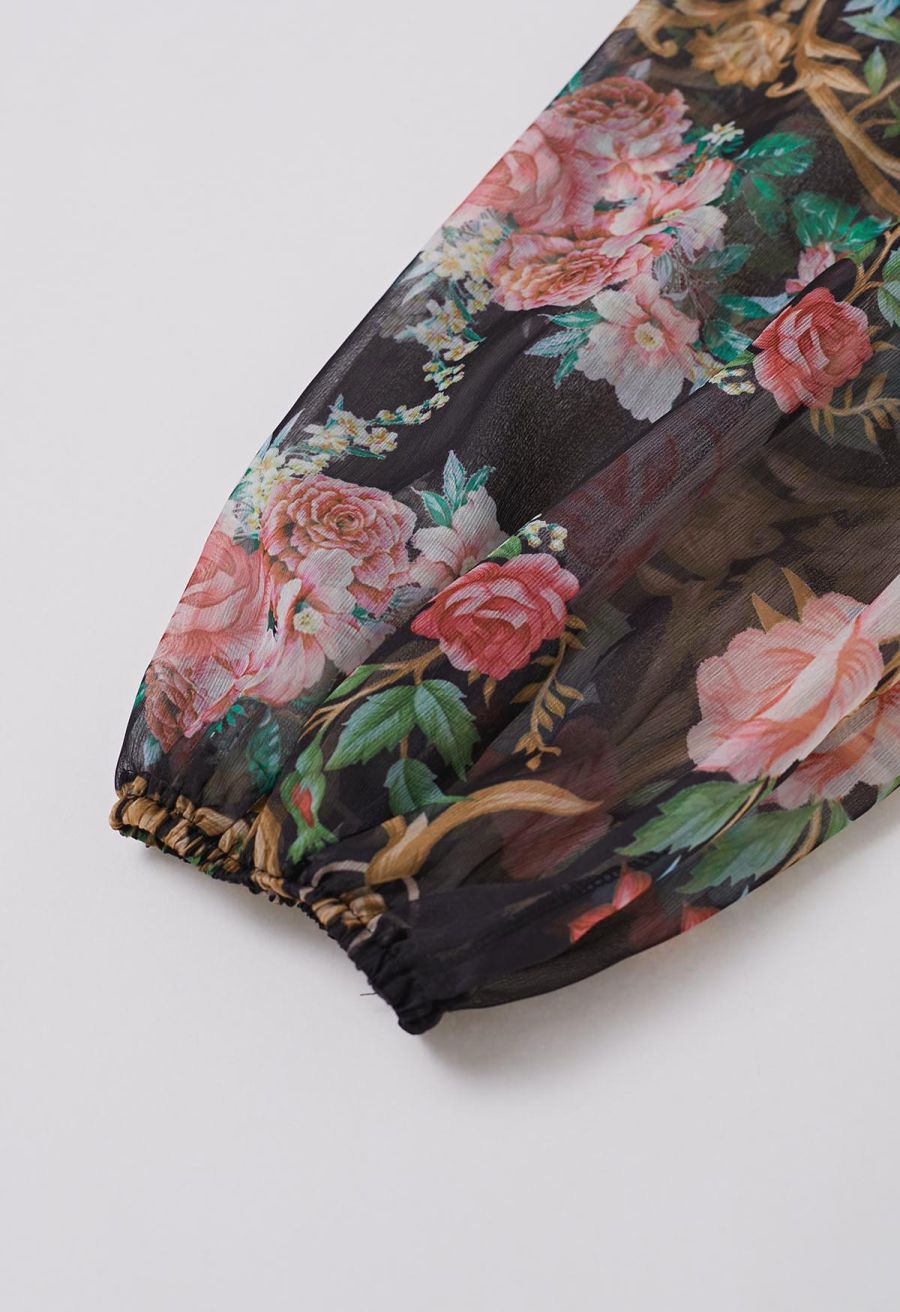Peony Printed Ruffle Lantern Sleeve Maxi Dress in Black