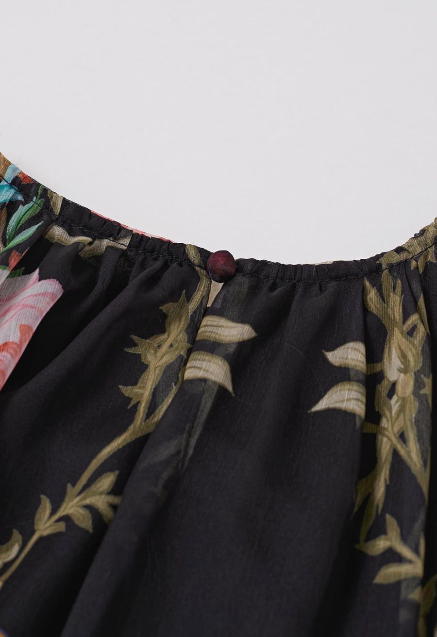 Peony Printed Ruffle Lantern Sleeve Maxi Dress in Black