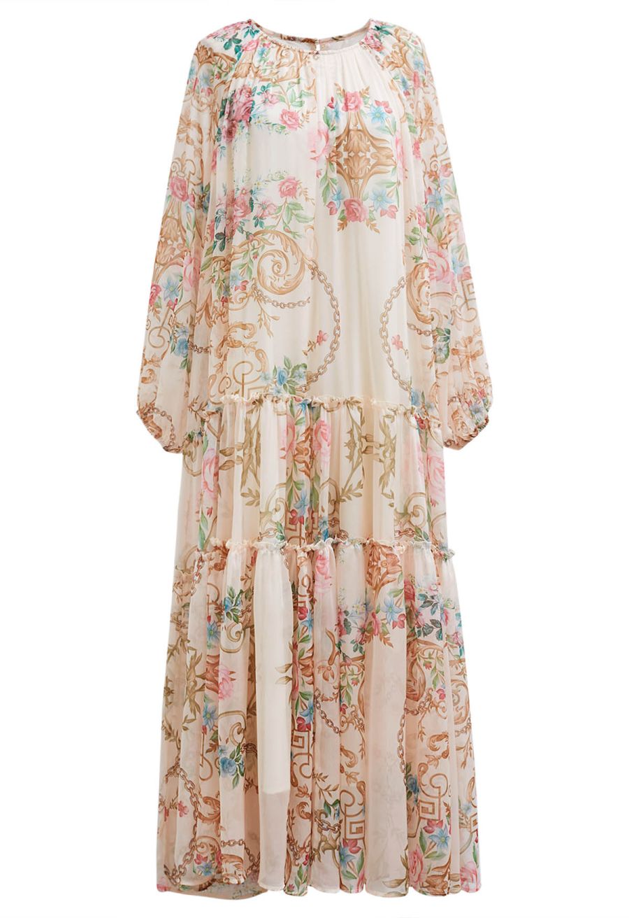 Peony Printed Ruffle Lantern Sleeve Maxi Dress in Apricot