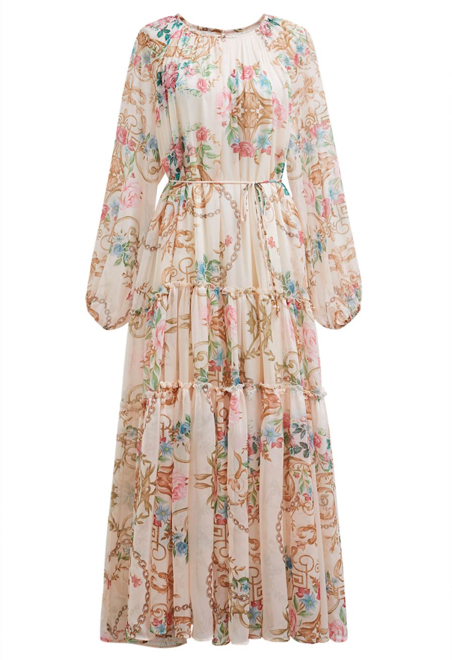 Peony Printed Ruffle Lantern Sleeve Maxi Dress in Apricot