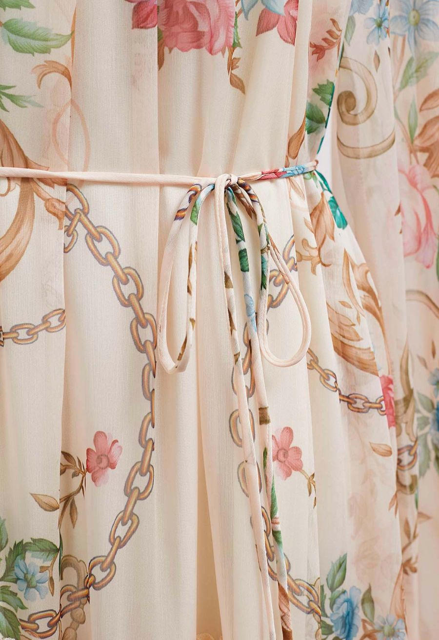 Peony Printed Ruffle Lantern Sleeve Maxi Dress in Apricot