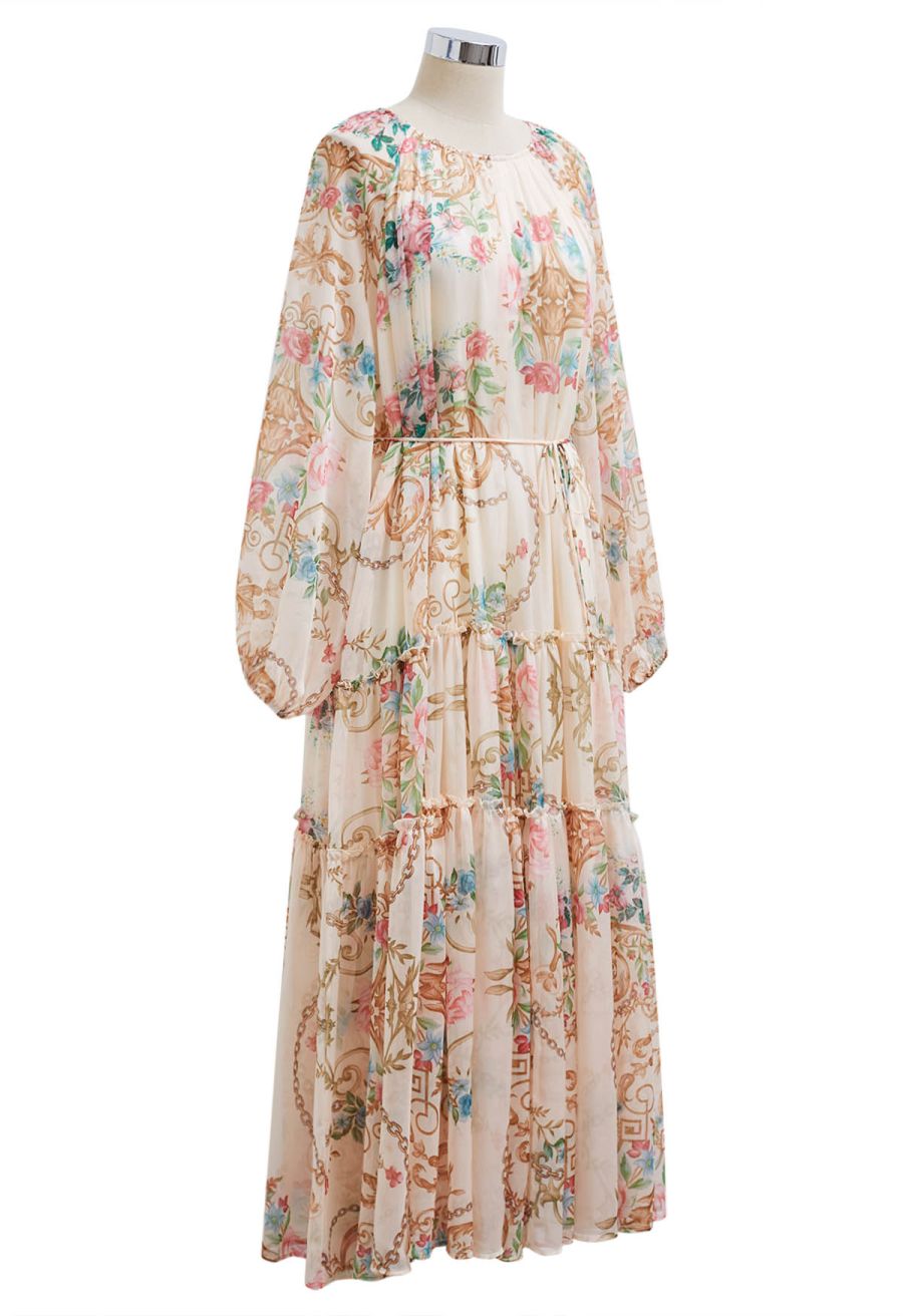 Peony Printed Ruffle Lantern Sleeve Maxi Dress in Apricot