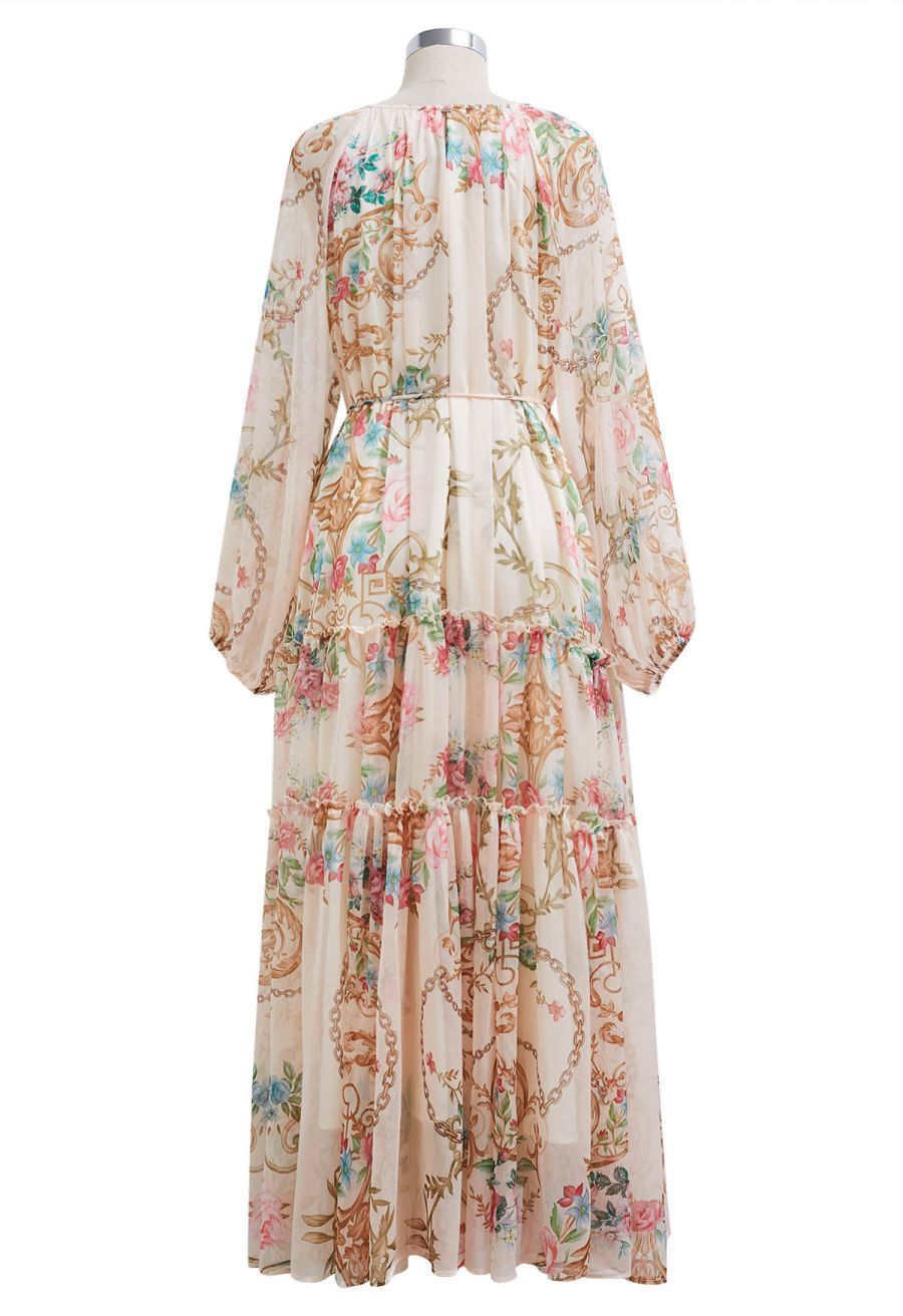 Peony Printed Ruffle Lantern Sleeve Maxi Dress in Apricot