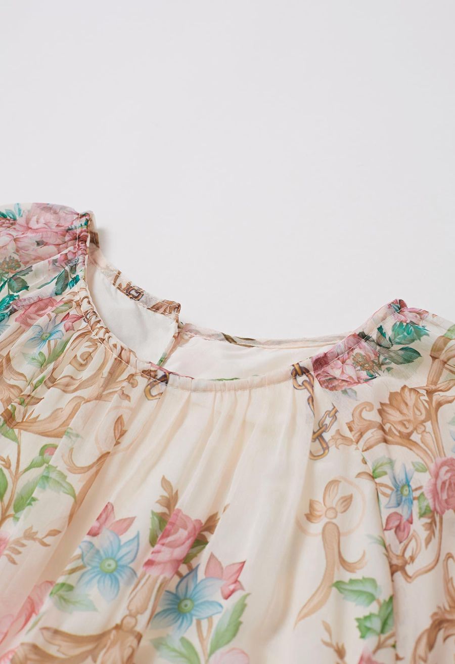 Peony Printed Ruffle Lantern Sleeve Maxi Dress in Apricot