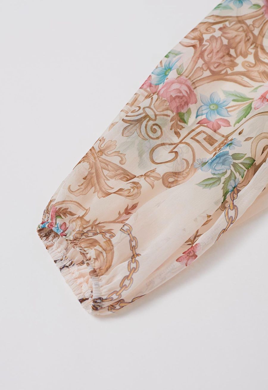 Peony Printed Ruffle Lantern Sleeve Maxi Dress in Apricot