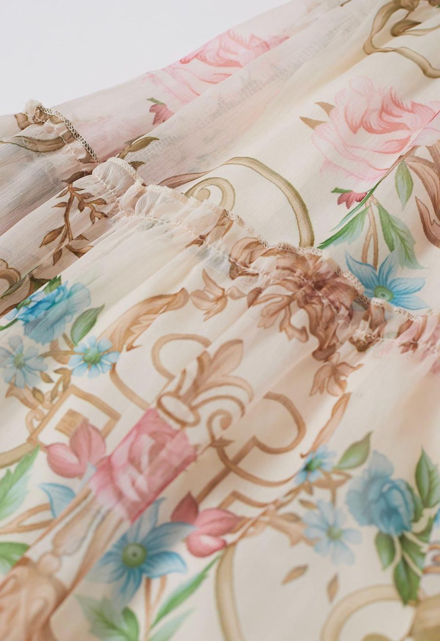 Peony Printed Ruffle Lantern Sleeve Maxi Dress in Apricot