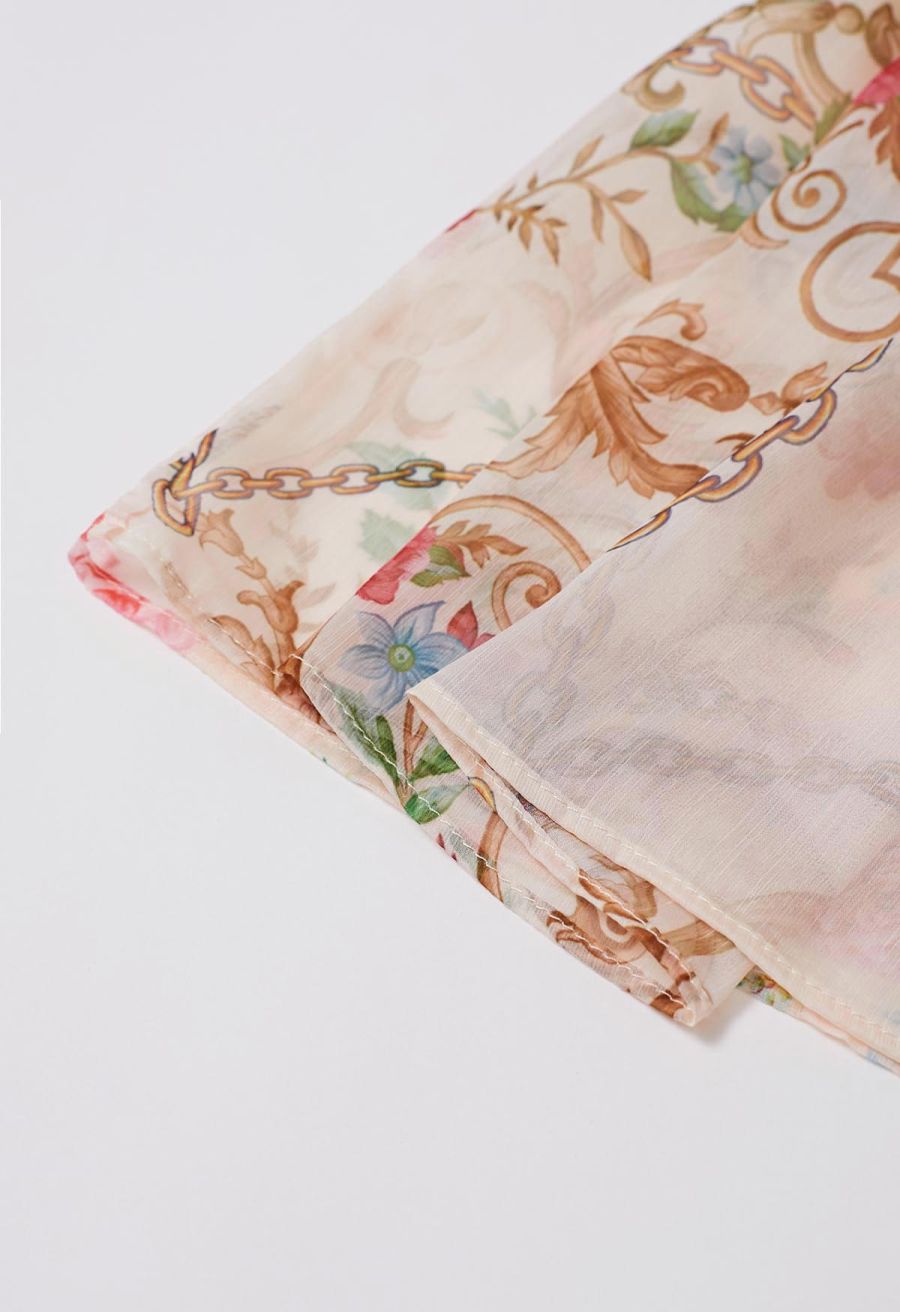 Peony Printed Ruffle Lantern Sleeve Maxi Dress in Apricot
