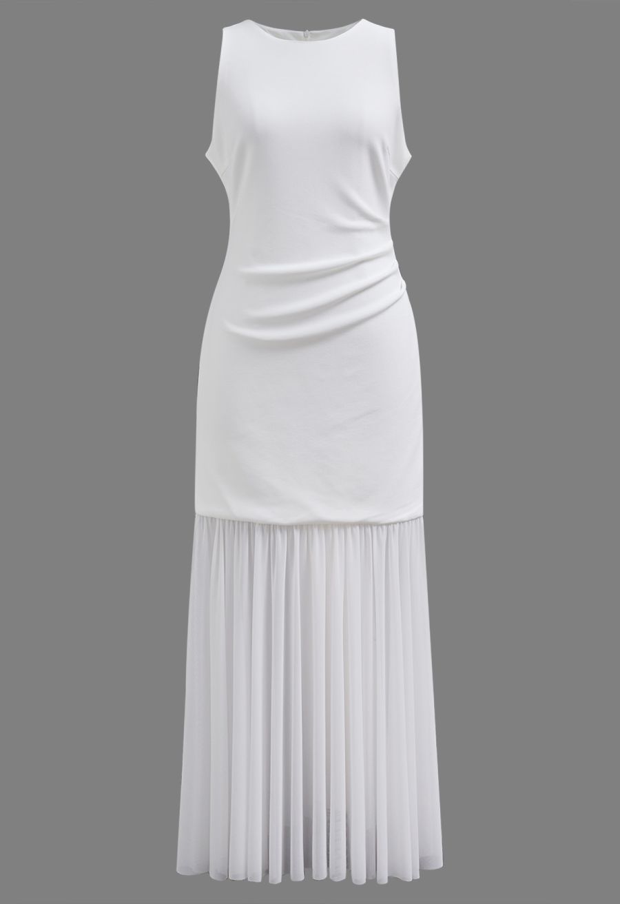 Mesh Spliced Hem Sleeveless Maxi Dress in White