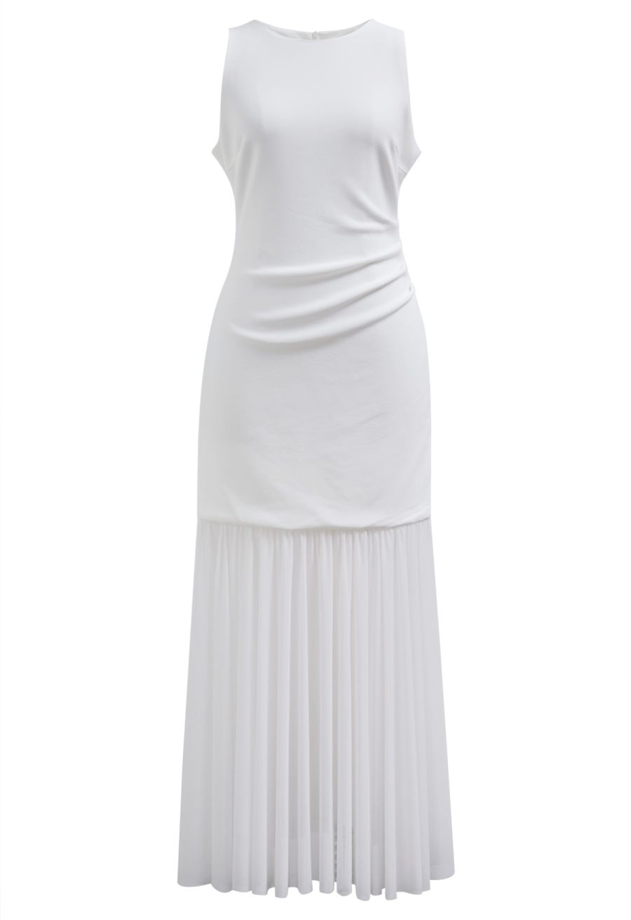 Mesh Spliced Hem Sleeveless Maxi Dress in White