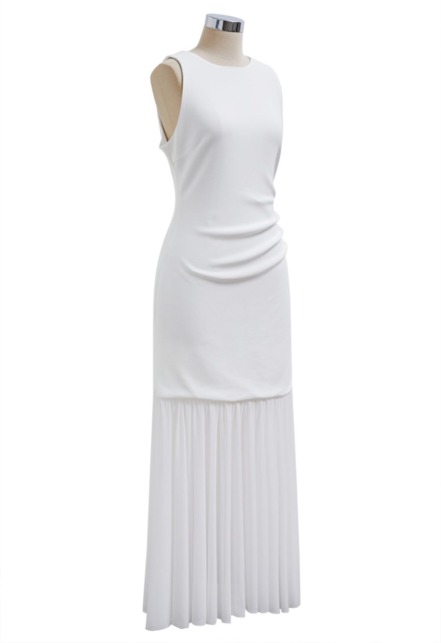 Mesh Spliced Hem Sleeveless Maxi Dress in White