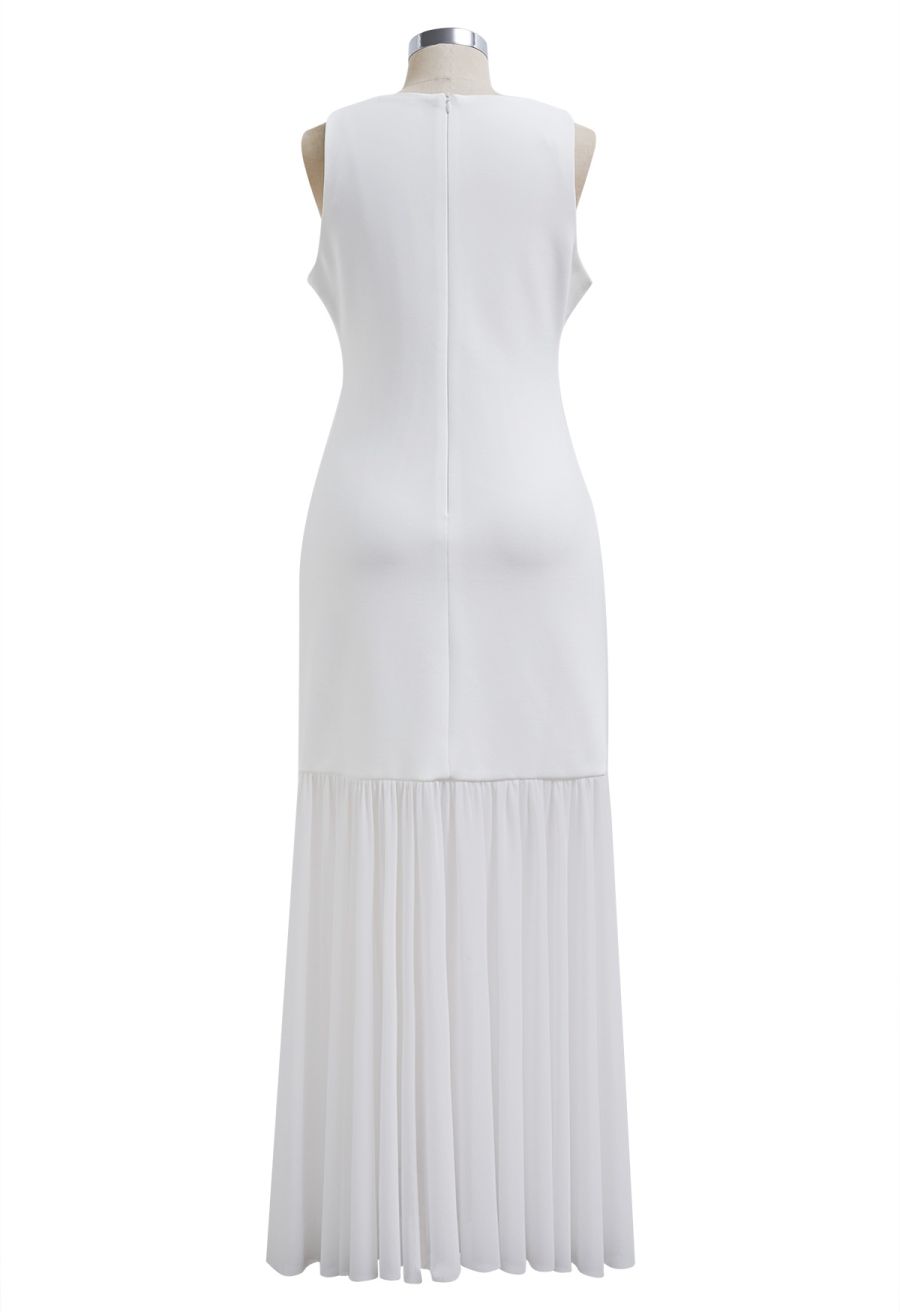 Mesh Spliced Hem Sleeveless Maxi Dress in White