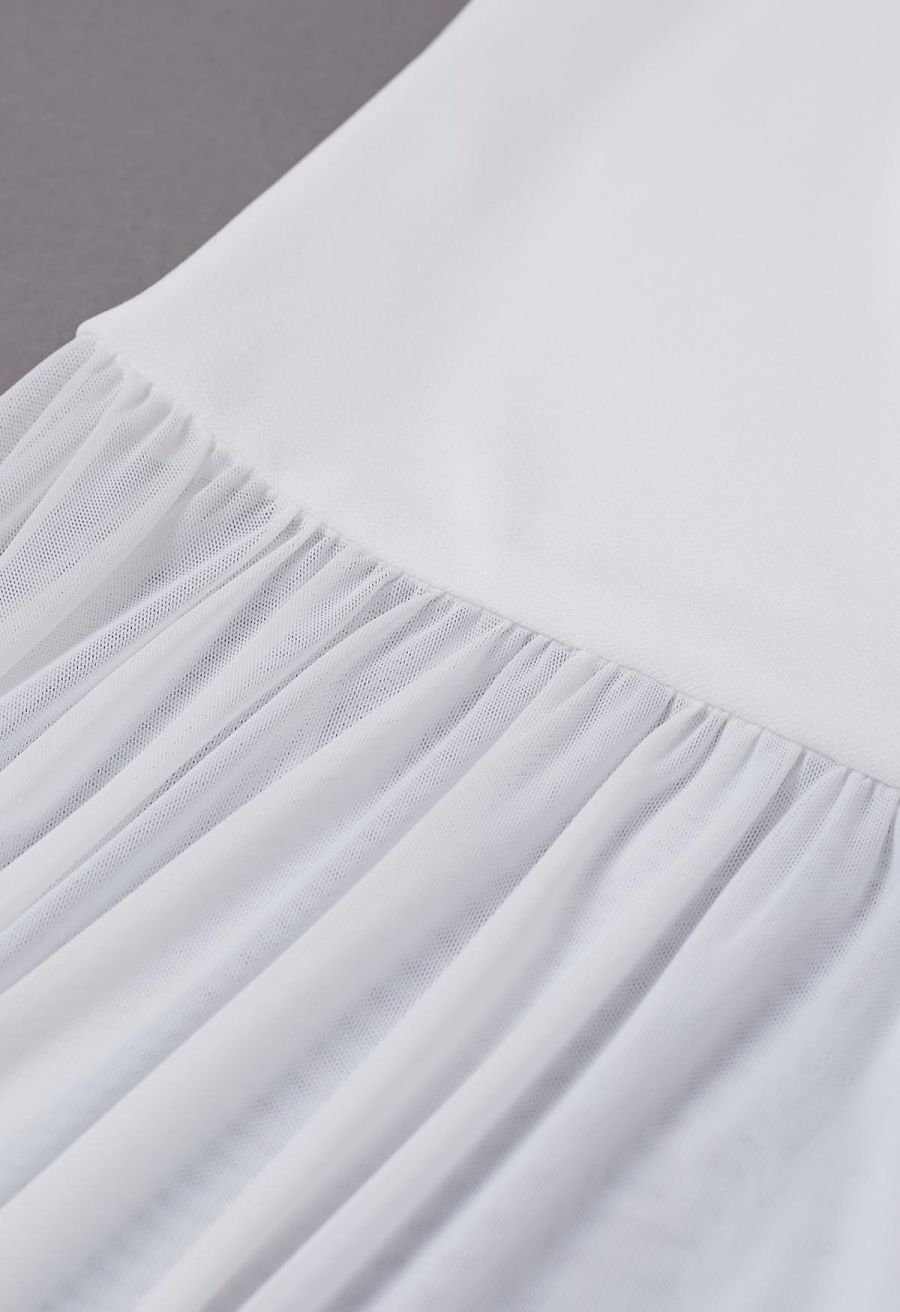 Mesh Spliced Hem Sleeveless Maxi Dress in White