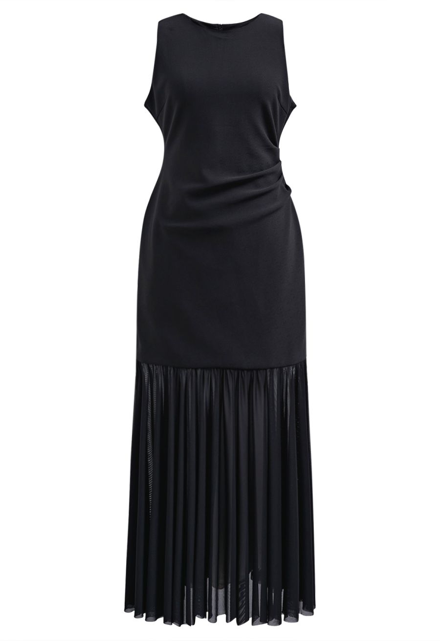 Mesh Spliced Hem Sleeveless Maxi Dress in Black
