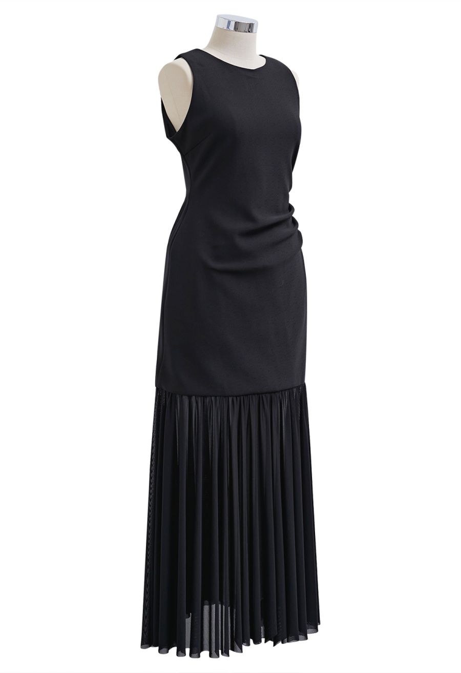 Mesh Spliced Hem Sleeveless Maxi Dress in Black