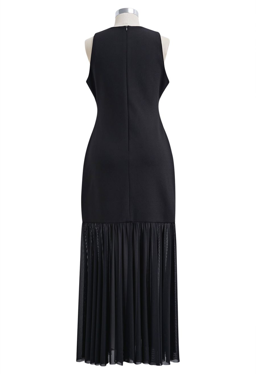 Mesh Spliced Hem Sleeveless Maxi Dress in Black