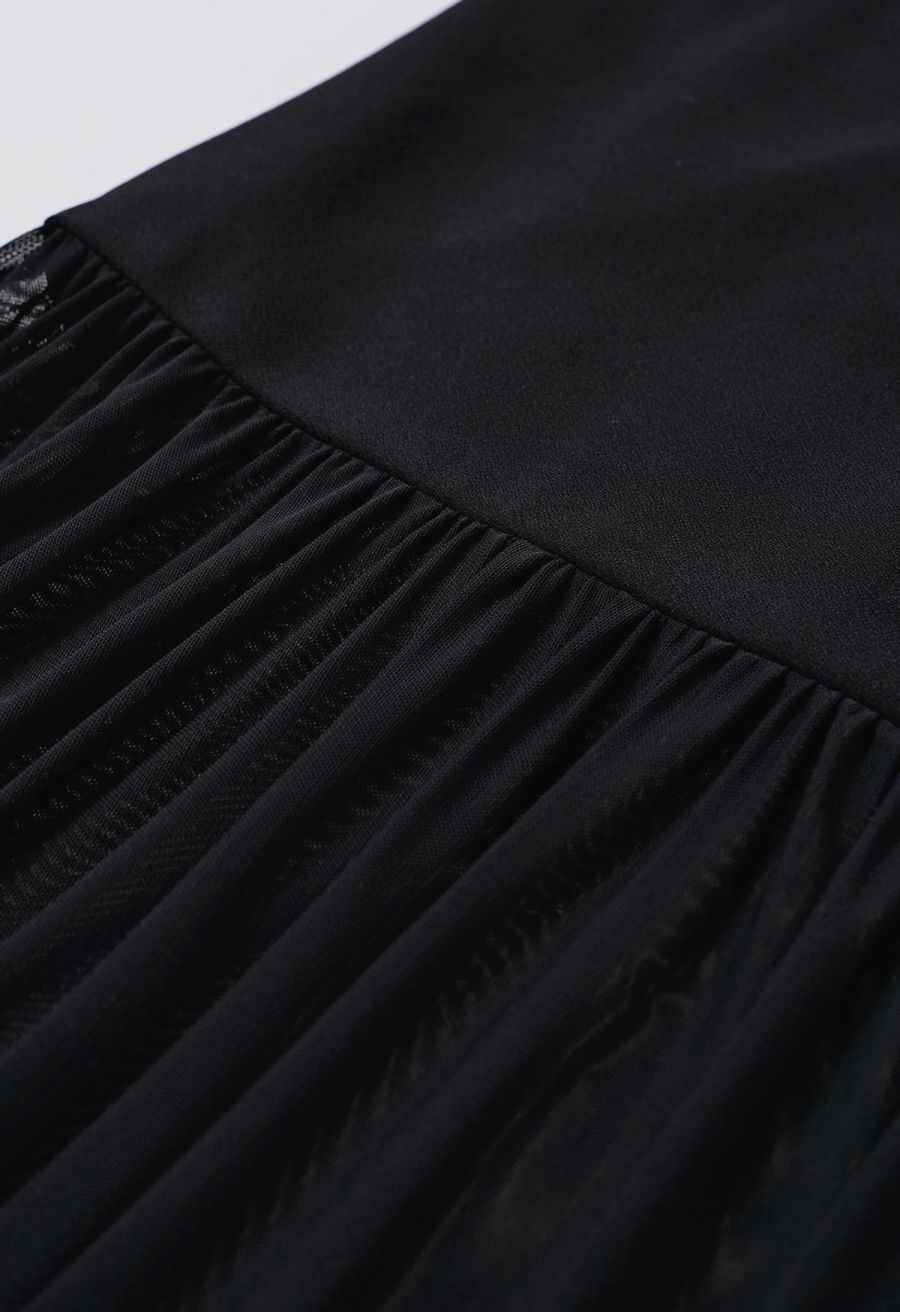 Mesh Spliced Hem Sleeveless Maxi Dress in Black