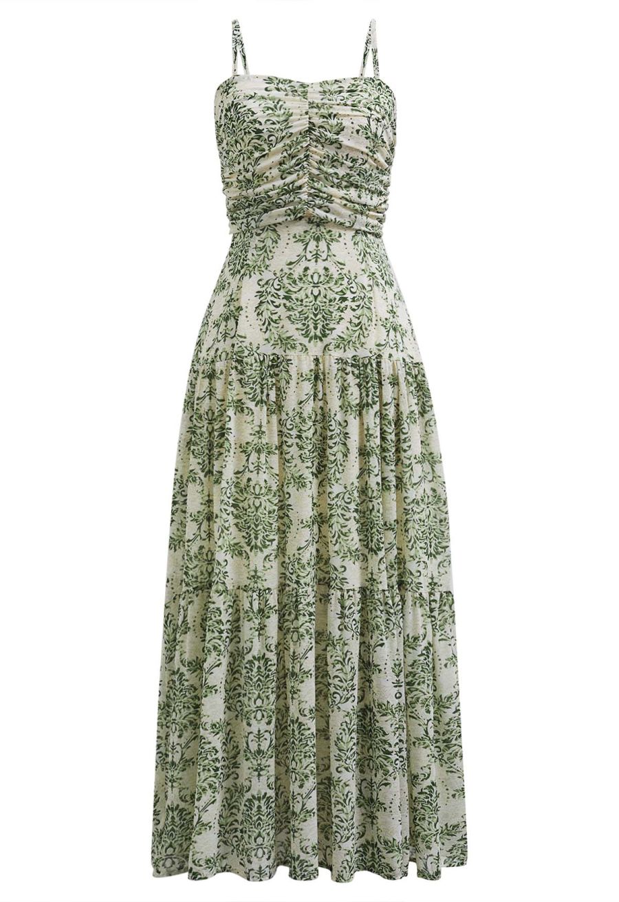 Green Damask Printed Tie-Back Cami Dress