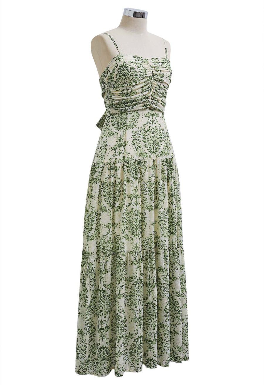 Green Damask Printed Tie-Back Cami Dress