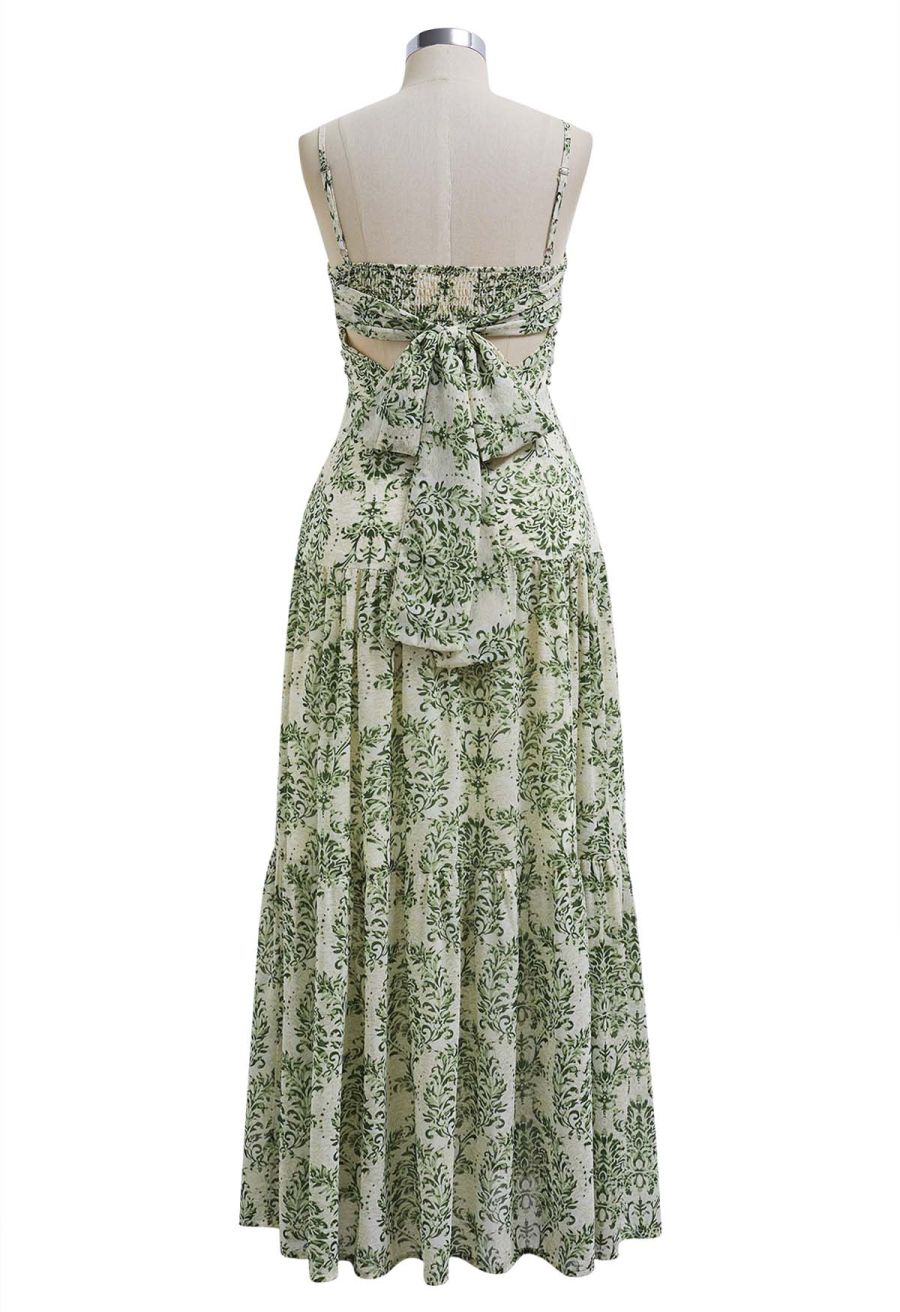 Green Damask Printed Tie-Back Cami Dress