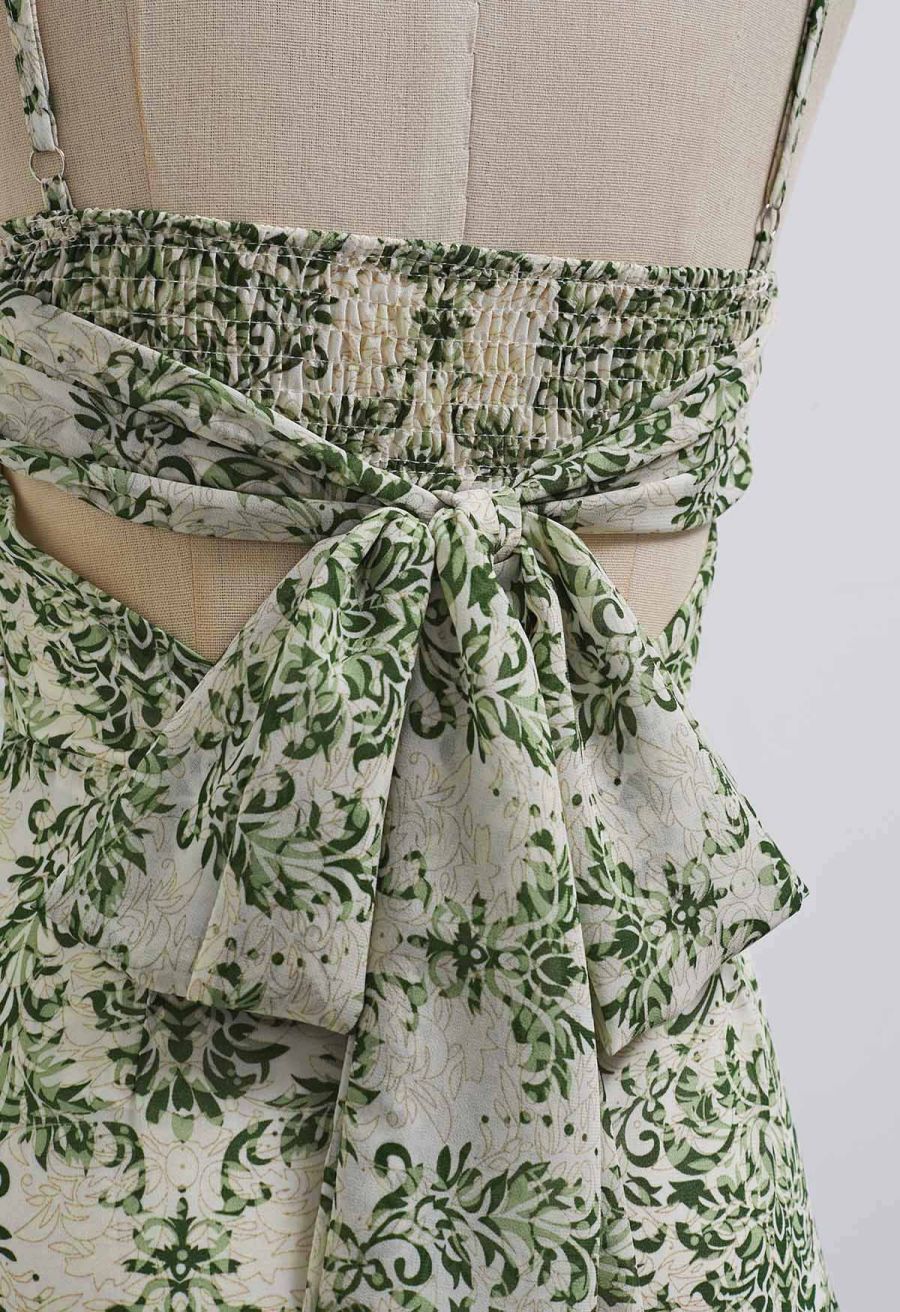 Green Damask Printed Tie-Back Cami Dress