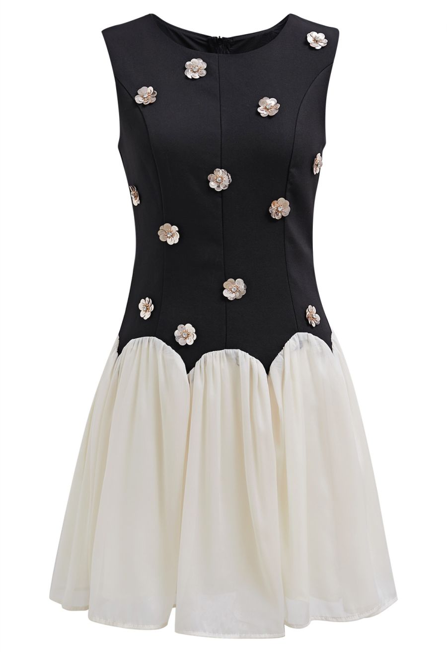 Sequined Flower Organza Spliced Sleeveless Mini Dress