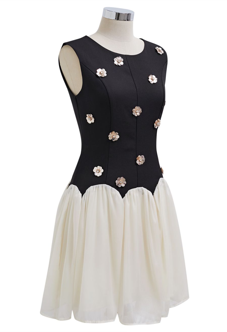Sequined Flower Organza Spliced Sleeveless Mini Dress