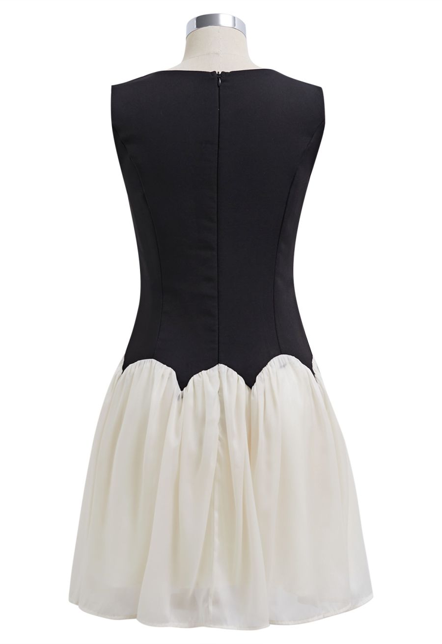 Sequined Flower Organza Spliced Sleeveless Mini Dress