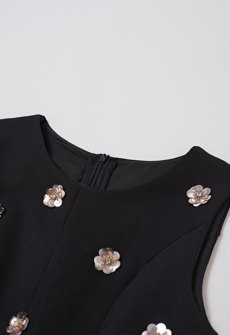 Sequined Flower Organza Spliced Sleeveless Mini Dress