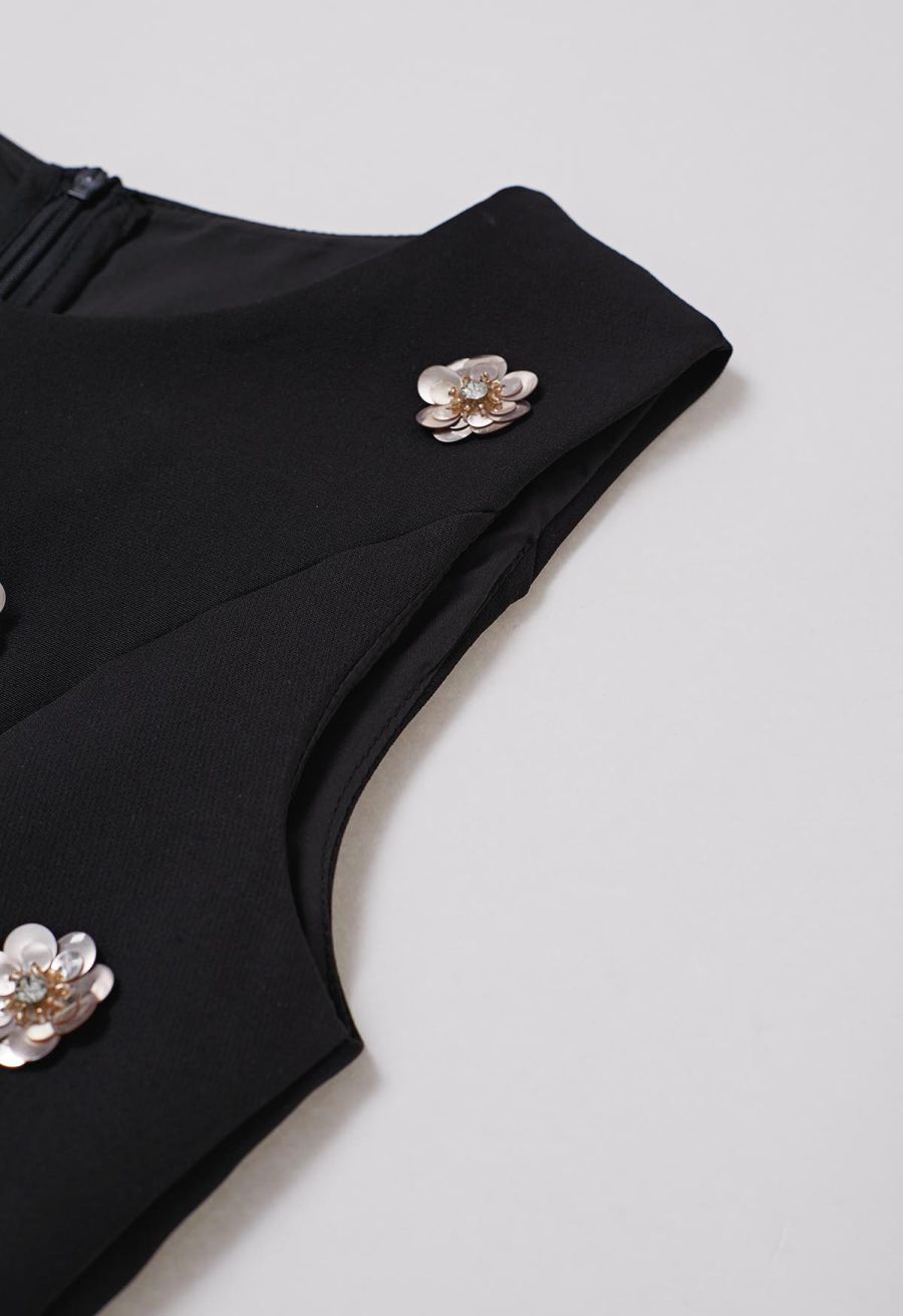 Sequined Flower Organza Spliced Sleeveless Mini Dress