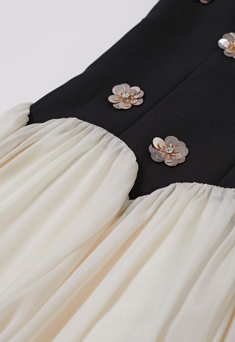 Sequined Flower Organza Spliced Sleeveless Mini Dress