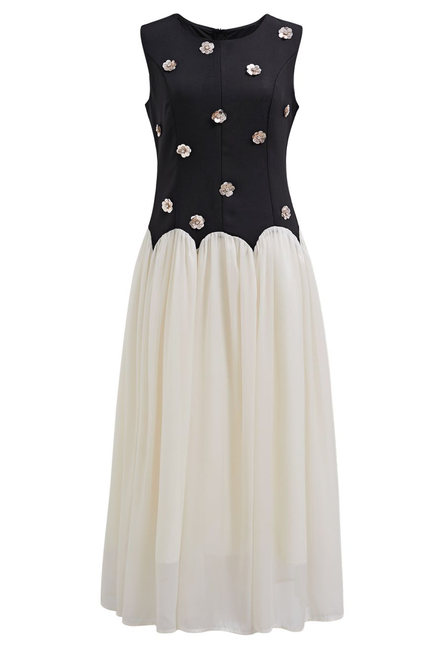 Sequined Flower Organza Spliced Sleeveless Midi Dress