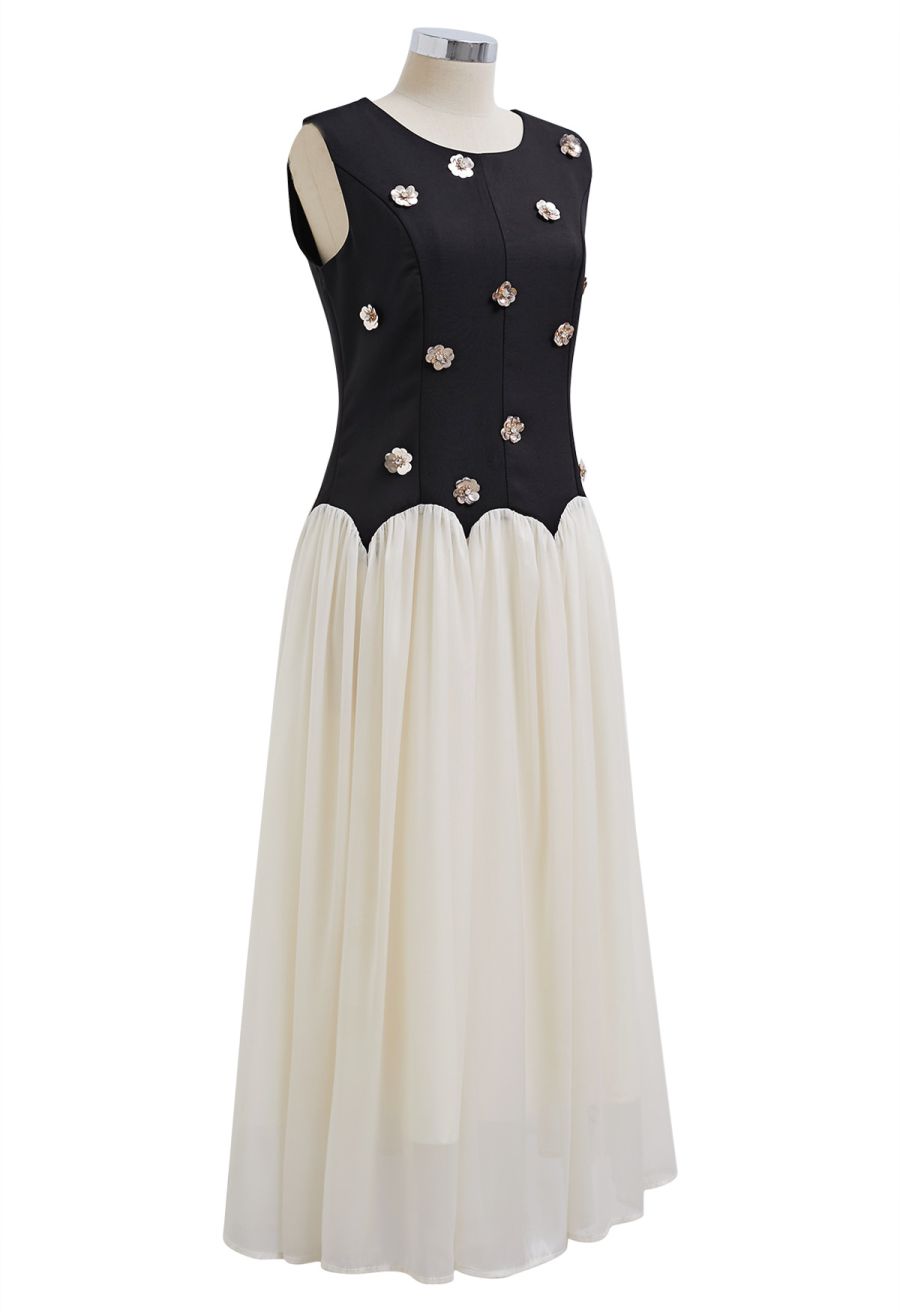 Sequined Flower Organza Spliced Sleeveless Midi Dress