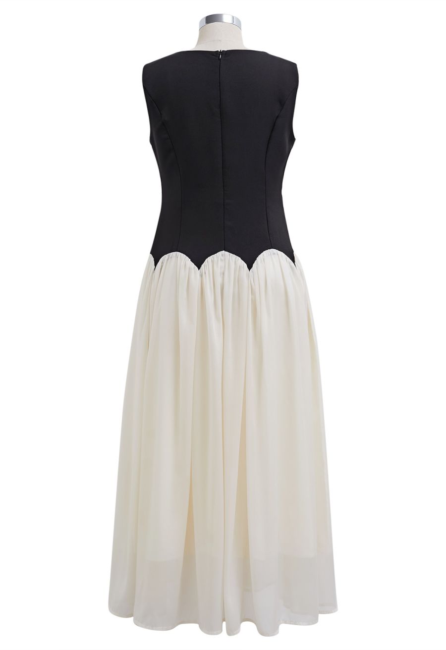 Sequined Flower Organza Spliced Sleeveless Midi Dress