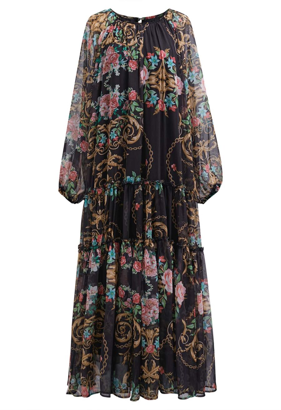 Peony Printed Ruffle Lantern Sleeve Maxi Dress in Black