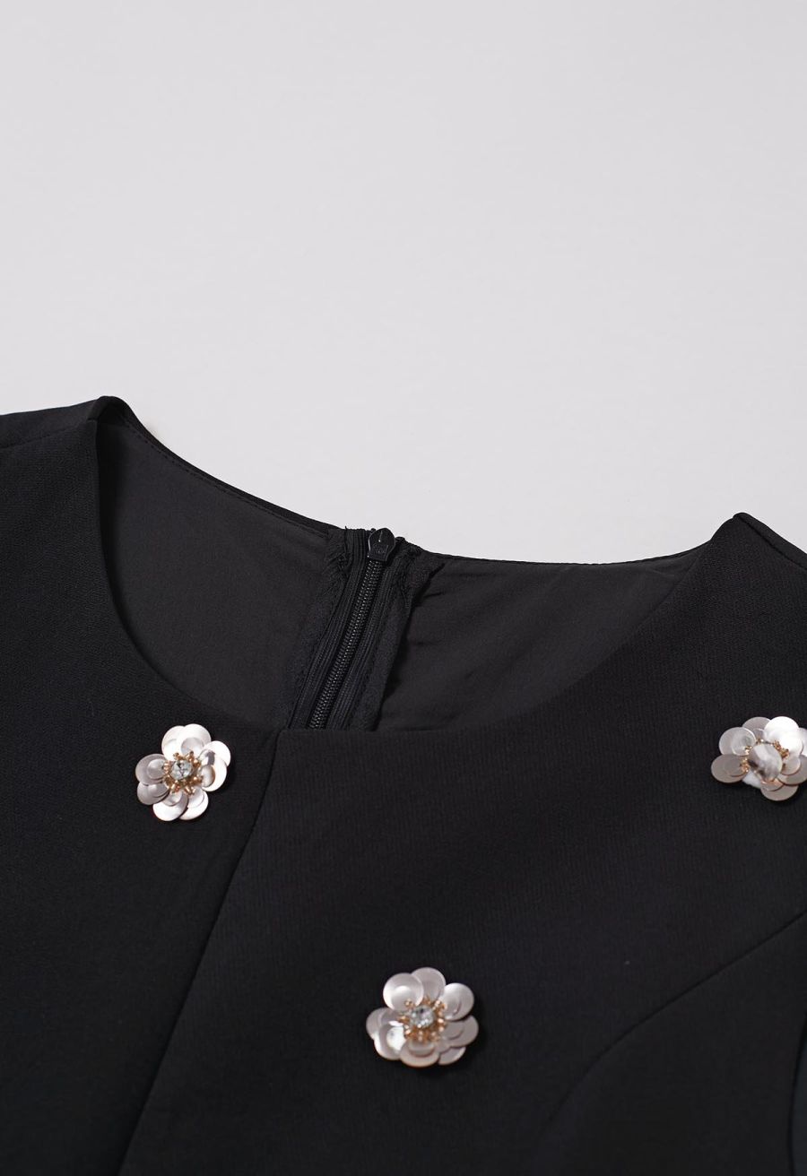 Sequined Flower Organza Spliced Sleeveless Midi Dress