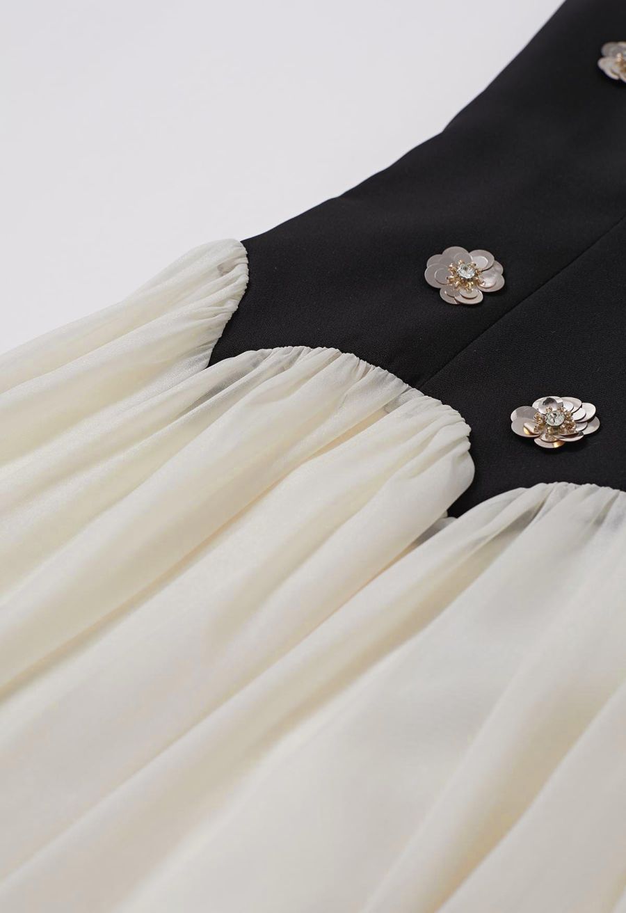Sequined Flower Organza Spliced Sleeveless Midi Dress