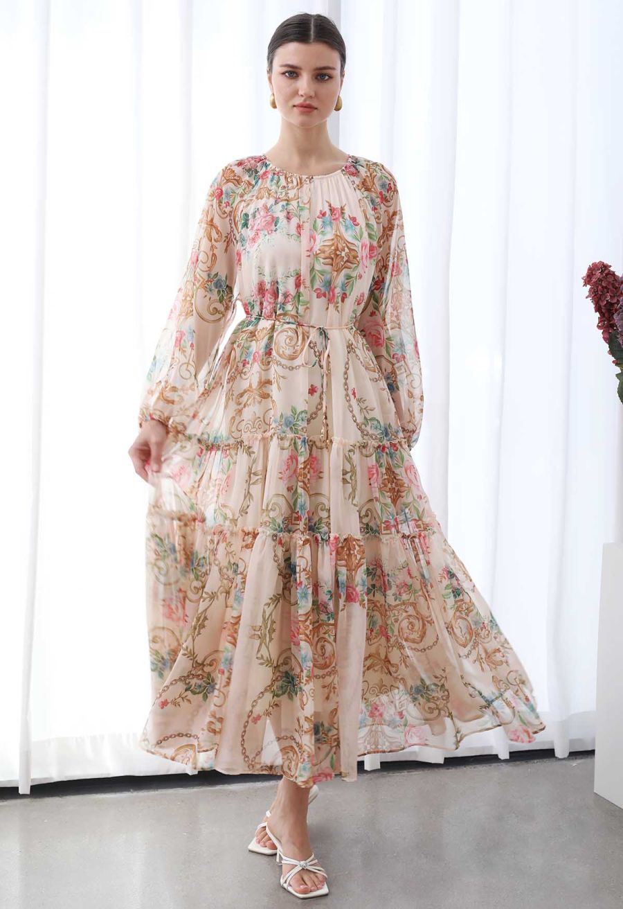 Peony Printed Ruffle Lantern Sleeve Maxi Dress in Apricot